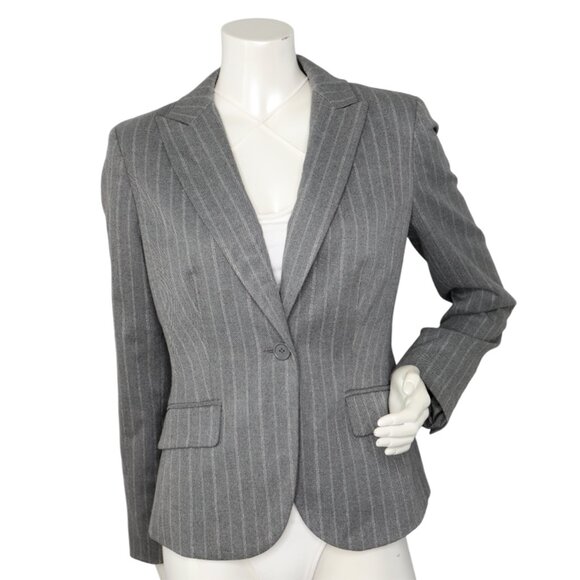 New York & Co Pinstripe Blazer Jacket Grey Silver Single Breasted Peak Lapel - Picture 14 of 14